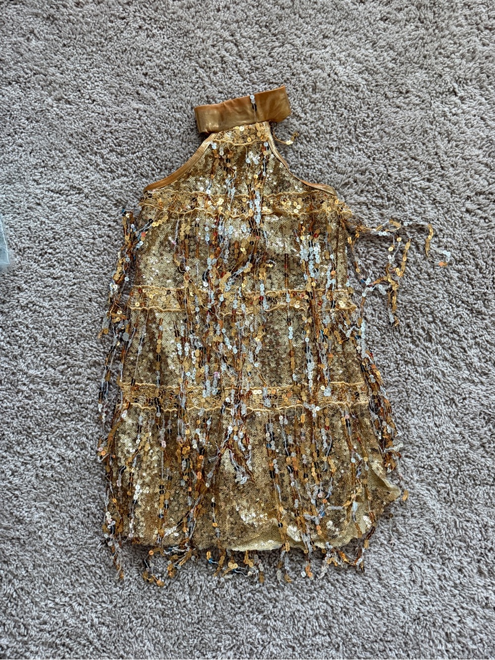 Weissman Gold Sequin Halter Dress with Beaded Fringe